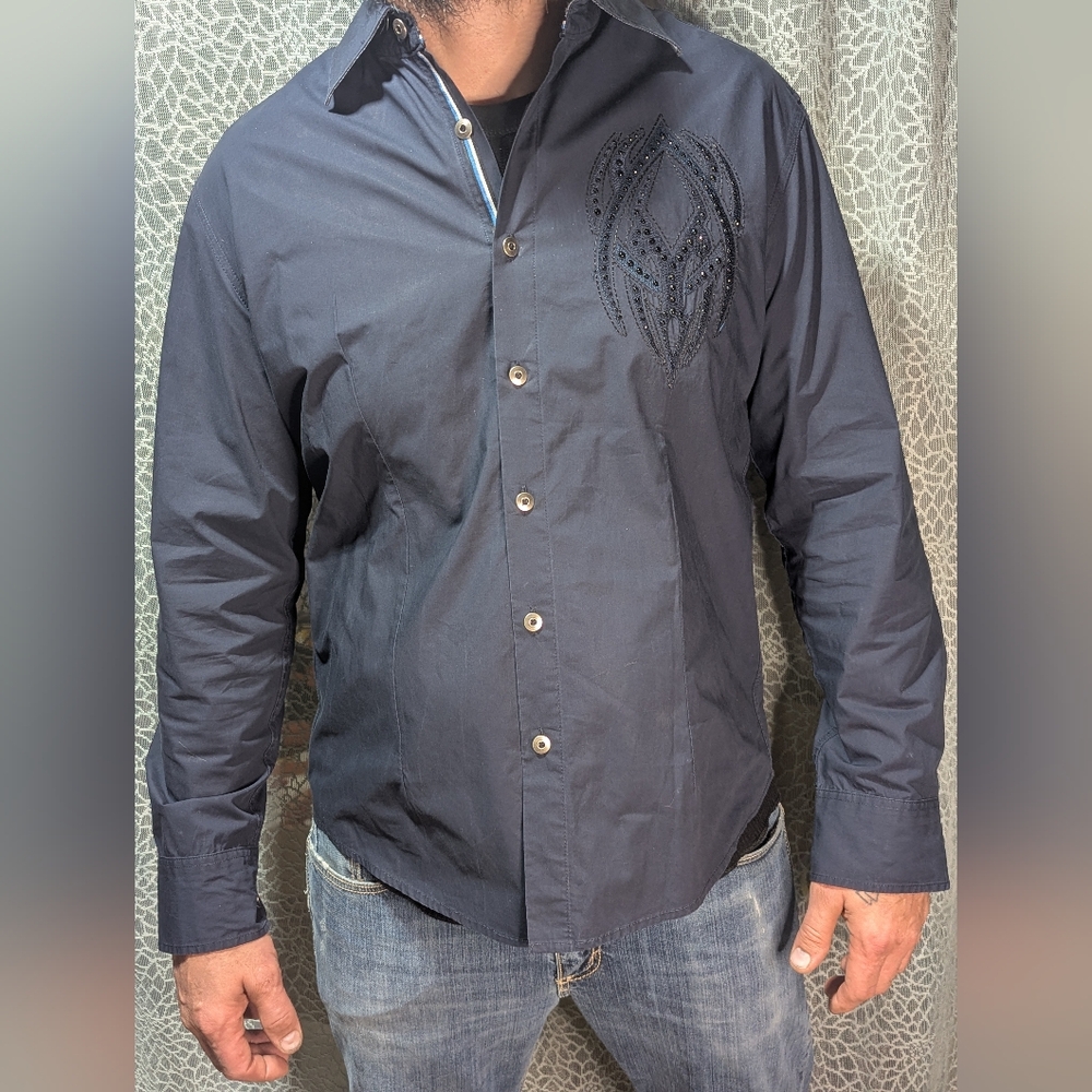 House of Lords L Navy Embroidered Beaded Tribal Button Up Shirt